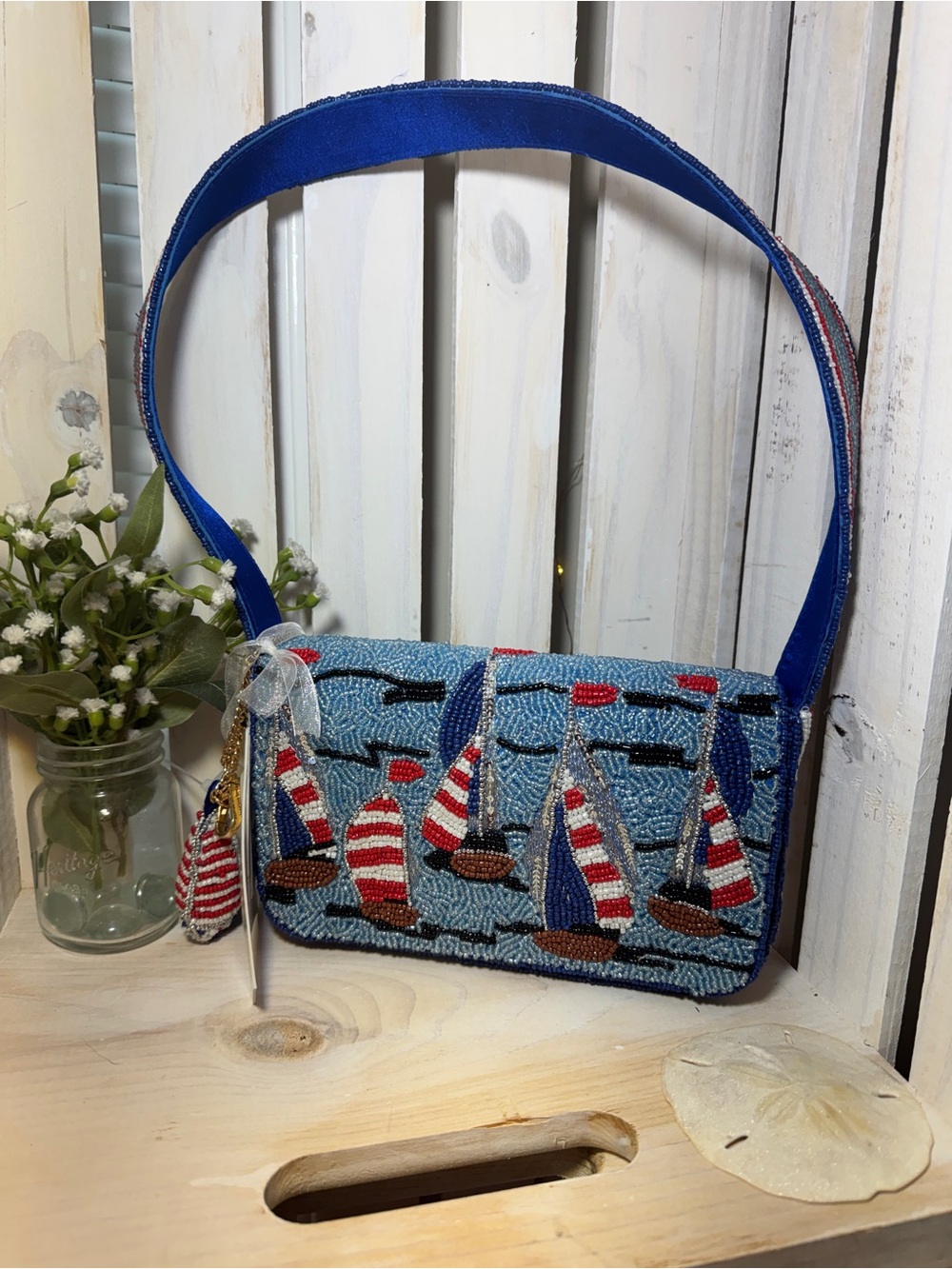 Blue Beaded Sailboat Shoulder Bag NWT Americana